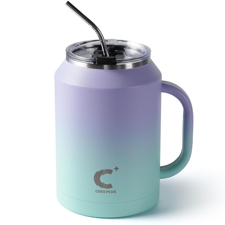 a blue and purple coffee mug with a straw in it's lid, on a white background