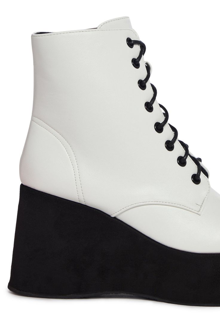 cuz it's a day party. These Platform boots have a vegan leather construction, lace up ties, and side zip closure. White Lace-up Boots With Round Toe, White High-top Lace-up Boots, Synthetic Platform Lace-up Boots, High Ankle Lace-up Boots For Spring, High-top Boots With Front Lace-up For Spring, White Lace-up Platform Boots, White Lace-up Boots For Spring, White High Ankle Lace-up Boots With Platform, High-top Lace-up Boots For Spring