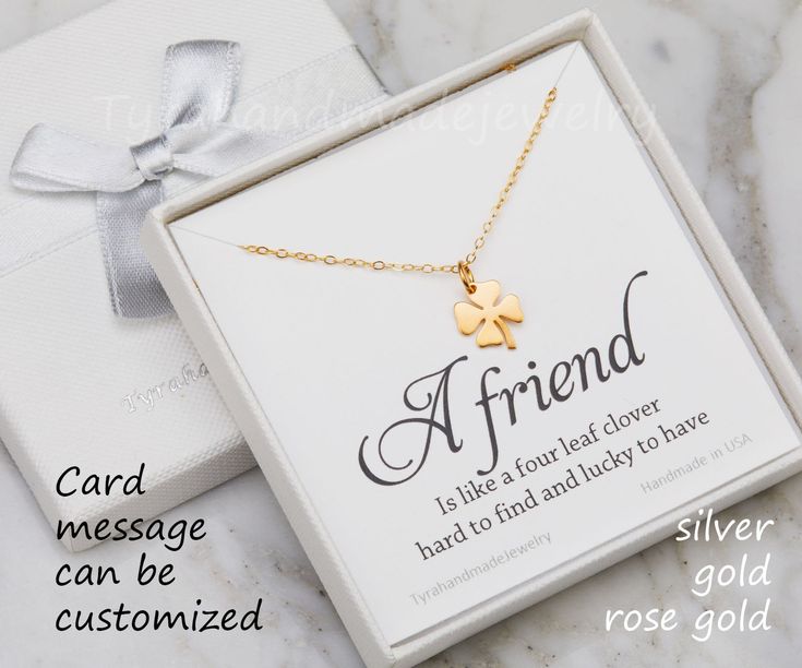 A four leaf clover necklace with personalized note card: 1. a sterling silver or 24k gold dipped over sterling silver or rose gold dipped over sterling silver shamrock charm 2. a sterling silver chain or 14k gold filled or rose gold plated over sterling silver closed with a lobster clasp 3. a note card with pre-printed message (please select among the choices), laser printed on heavy weight cardstock, in elegant font and layout All findings are 14k gold filled/sterling silver Packaged in my shop May Birthstone Jewelry With Hallmark For Gift, Gold Jewelry Gift Wrapped For Birthday, Gold Jewelry Birthday Gift Wrapped, Dainty May Birthstone Charm Necklaces As Gift, Handmade Gold Charm Necklace For Best Friend, Gold Jewelry Gift Wrapped For Gift Giving, Handmade Gold Charm Necklaces For Best Friend, Handmade May Birthstone Charm Necklace As Gift, Handmade Charm Necklace With May Birthstone