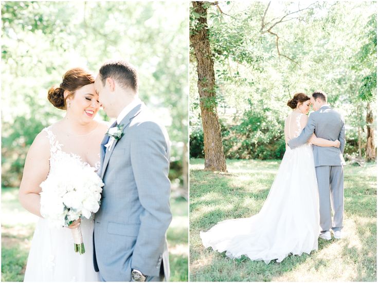 a bride and groom posing for pictures in the grass at their outdoor wedding venue, surrounded by trees