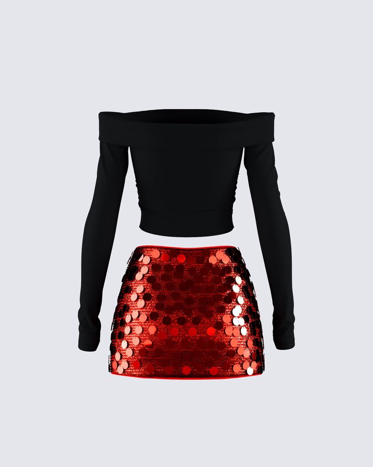 Turn up the heat in this sizzling two-piece set 🥵 Pairing a black jersey off-shoulder top, paired with a red sequin mini skirt for a look that will bring out your spicy side 🔥 Chic Off-shoulder Party Sets, Fitted Off-shoulder Set For Night Out, Red Stretch Party Sets, Red Party Sets, Off-shoulder Tops For Night Out Party Season, Off-shoulder Top For Party Season, Black Off-shoulder Crop Top For Party, Sequin Mini Skirt, Sequin Mini Skirts