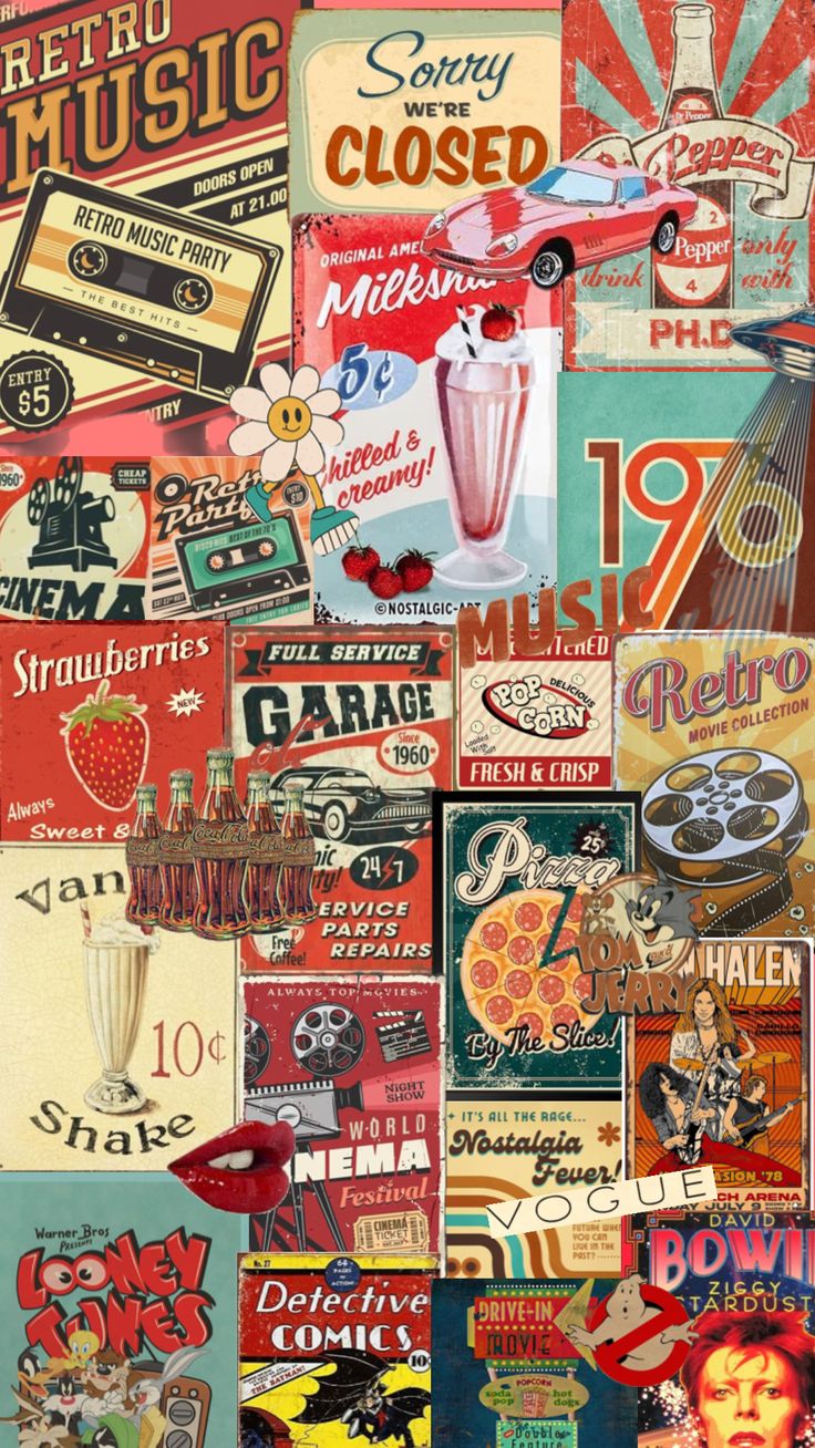 a collage of various vintage advertising signs