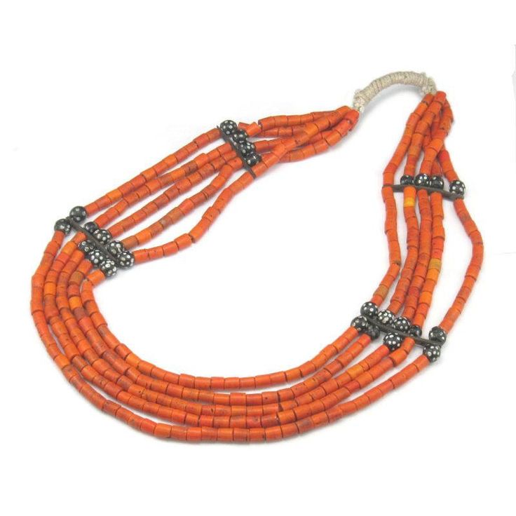 Naga Heirloom Necklace in the original configuration. Hand-wound Naga "Coral Glass" Heirloom Beads were originally hand wound glass trade beads created in the late 19th century up until the mid 20th century in China, and made to resemble precious red coral and golden amber. These richly colored beads were later traded among Naga people in Northern India and Burma. Because of their rarity and desirability, these "foreign" glass beads became treasured heirlooms among the Naga people. From neck to Heirloom Necklace, Hand Wound, Golden Amber, Trade Beads, Red Coral, 20th Century, 19th Century, Amber, Glass Beads