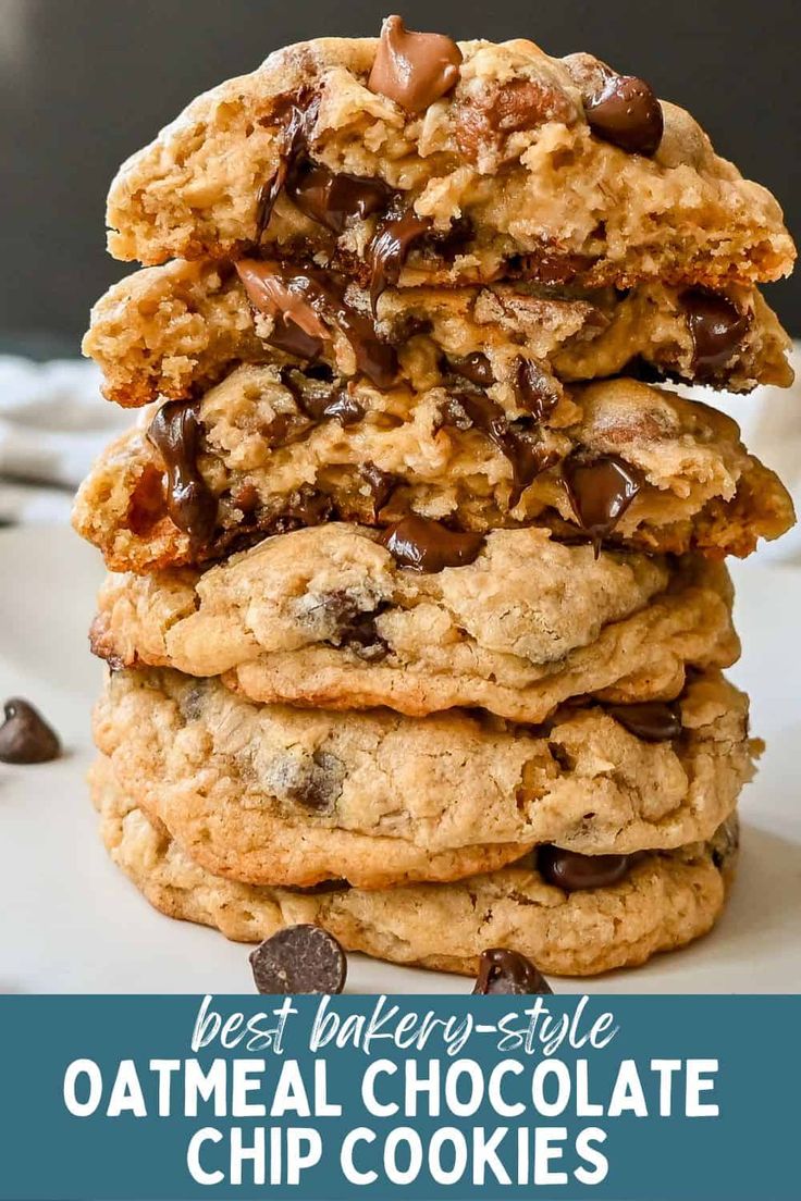 chocolate chip cookies stacked on top of each other with the words best butter - style oatmeal chocolate chip cookies