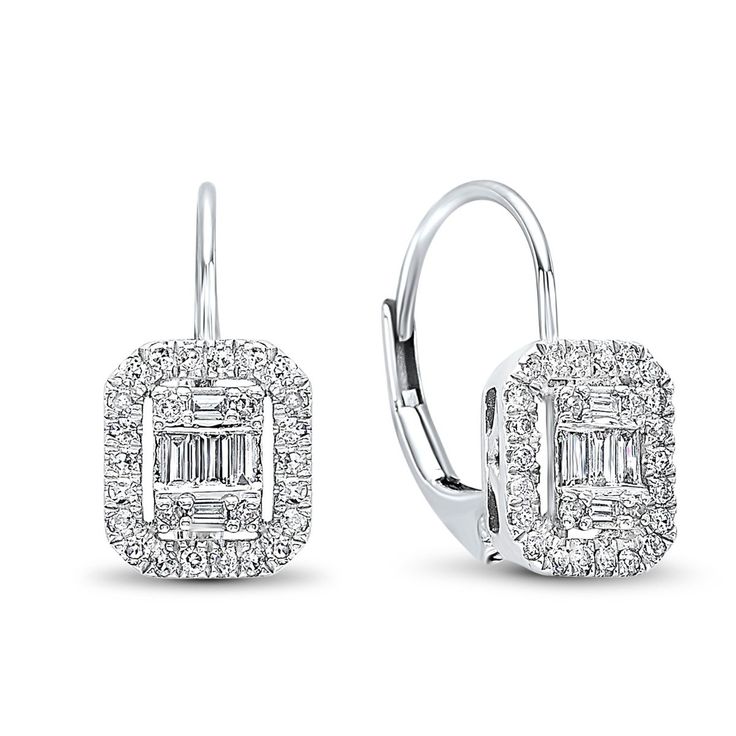 Stunning 1/5 ctw. diamond baguette leverback drop earrings in 14k white gold. Baguette Diamond Earrings, Gold And Diamond Earrings, Baguette Earrings, Gold Diamond Drop Earrings, Ring Upgrade, Baguette Earring, Diamond Baguette, Diamond Cluster Earrings, Art Nouveau Jewelry