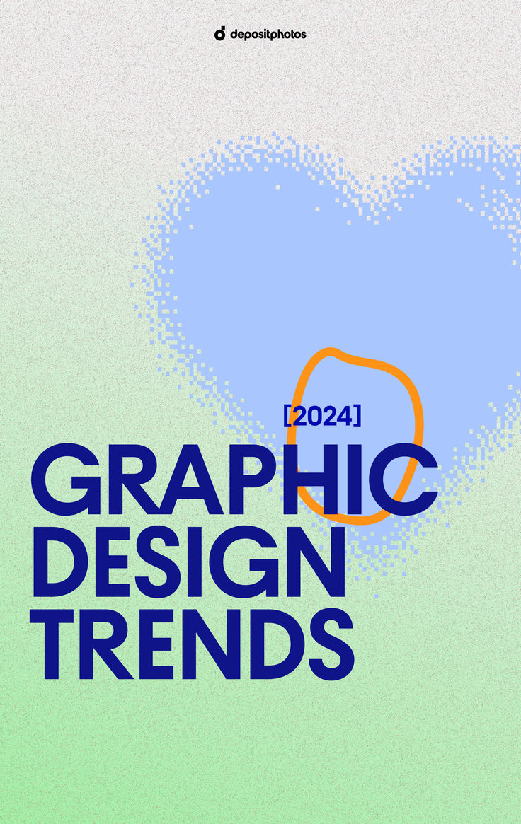 an advertisement for graphic design trends on a green background with blue and orange shapes in the shape of a heart