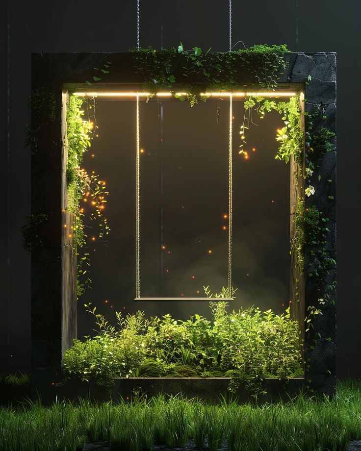 an open window with plants and lights in the frame on top of it, surrounded by greenery