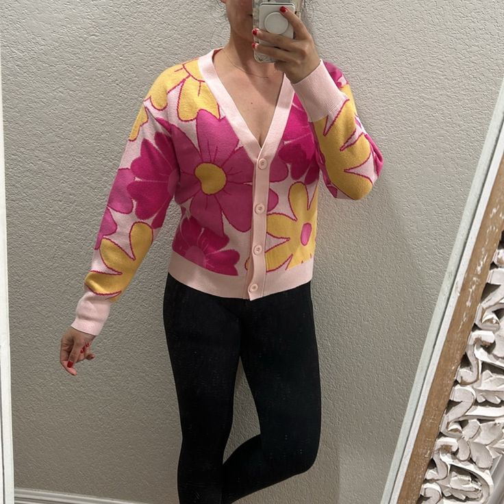 New With Tag. 48% Rayon, 30% Polyester, 22% Nylon. Help Me Clear My Closet As I Downsize To Move Cross Country! Shop My Other Lululemon, Athleta, Free People, Patagonia, Apl And Lilly Pulitzer Items In My Shop! Smoke-Free, Dog Friendly Home Reasonable Offers Only. No Trade Fitted Spring Sweater, Spring Fitted Cardigan With Floral Print, Spring Fitted Floral Print Cardigan, Trendy Floral Print Cardigan For Spring, Spring Day Out Fitted Sweater, Trendy Pink Cardigan For Spring, Floral Print Cardigan For Day Out In Spring, Floral Print Cardigan For Spring Day Out, Trendy Spring Cardigan For Day Out