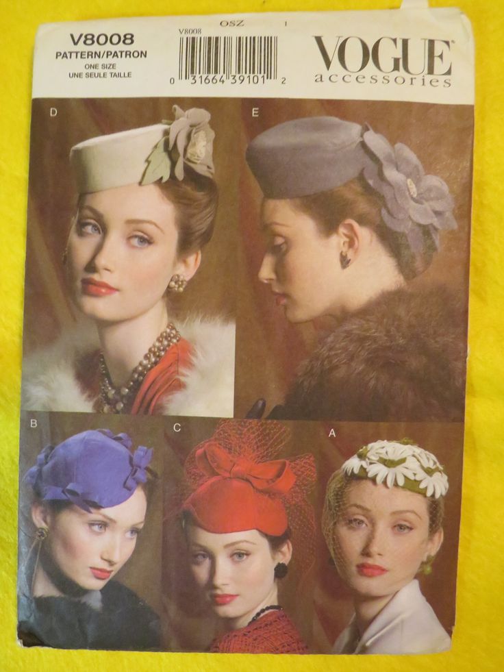 2004 Vogue vintage style one size fits most hats pattern, in 5 views. Pattern is all uncut with guide sheet, and in great condition.  Hats have veils, flowers, bows, and fabric use is felt. PRICE IS $33.00----SALE FINAL/AS IS/NO RETURNS. Woman Hats, 1950s Hats, Hats Pattern, Historical Hats, Structural Fashion, Royal Hats, 1960 Fashion, Vogue Vintage, Ladies Hats