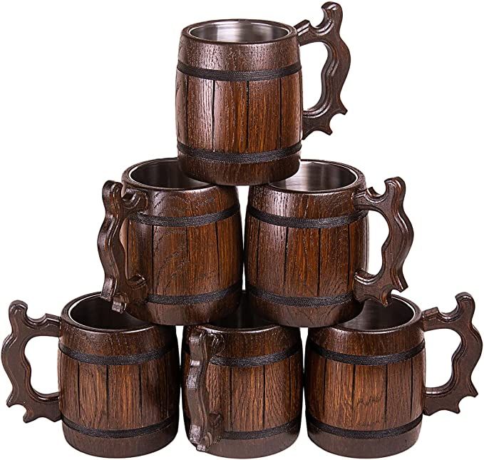 six wooden mugs stacked on top of each other