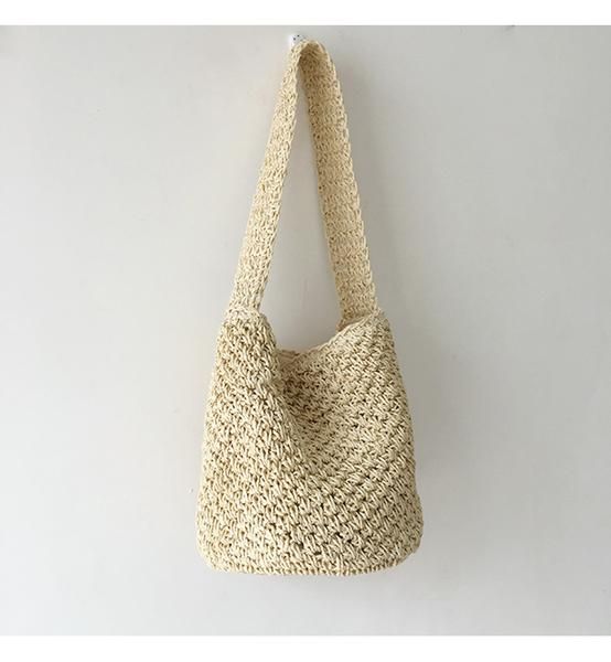 Straw Shoulder Bucket Bag, Minimalistic Basket Design, Small Size, Han – Elena Handbags Trendy Woven Cream Shoulder Bag, Trendy Cream Woven Shoulder Bag, Beige Crochet Bucket Bag For Vacation, Trendy Handwoven Beige Bucket Bag, Beige Summer Crochet Shoulder Bag, Trendy Bucket Jute Shoulder Bag, Trendy Jute Bucket Shoulder Bag, Chic Beige Straw Crochet Bag, Trendy Straw Bucket Shoulder Bag