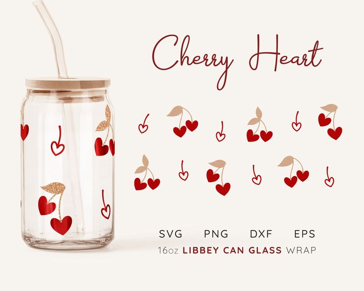 cherry heart mason jar with straws and glasses wrappers for valentine's day