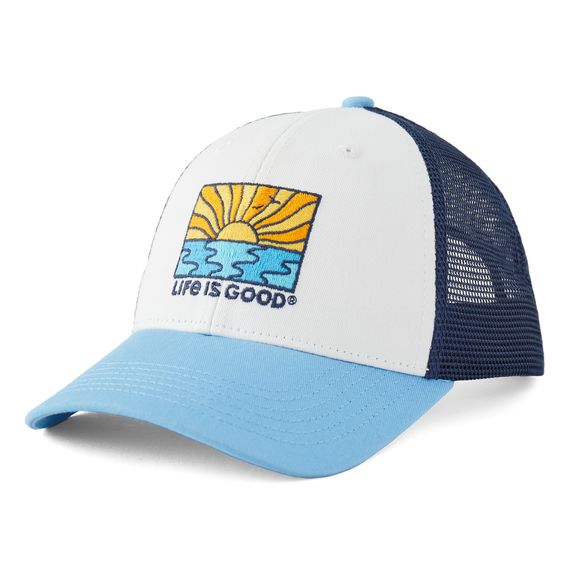 Hit the road or the nearest hike in our Trucker, the perfect companion for outdoor adventures near or far. 100% Cotton 8.26 oz. Structured front with firm mesh back Snapback with Life is Good® label on the back Six panel structured low-mid crown with six rows of stitching on the brim. Imported | Life is Good Sun Ocean Icon Hard Mesh Back Cap in Cloud White White Breathable Hats For Outdoor Activities, Mesh Trucker Baseball Cap For Outdoor, Breathable White Hat For Outdoor Activities, White Breathable Snapback Hat For Outdoor Activities, Lightweight White Outdoor Hat, White Lightweight Trucker Hat For Outdoor, White Lightweight Baseball Cap For Outdoor, Lightweight White Baseball Cap For Outdoor, White Breathable Baseball Cap For Outdoor Activities