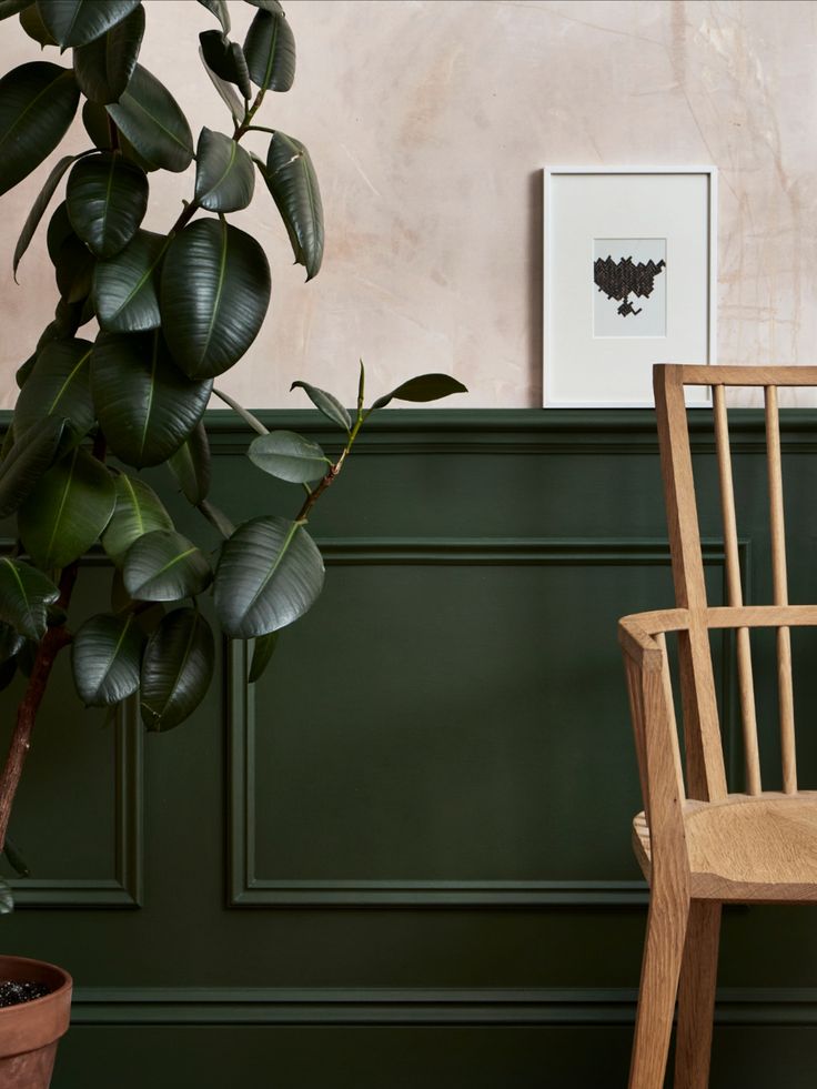 a wooden chair next to a potted plant in a room with dark green walls