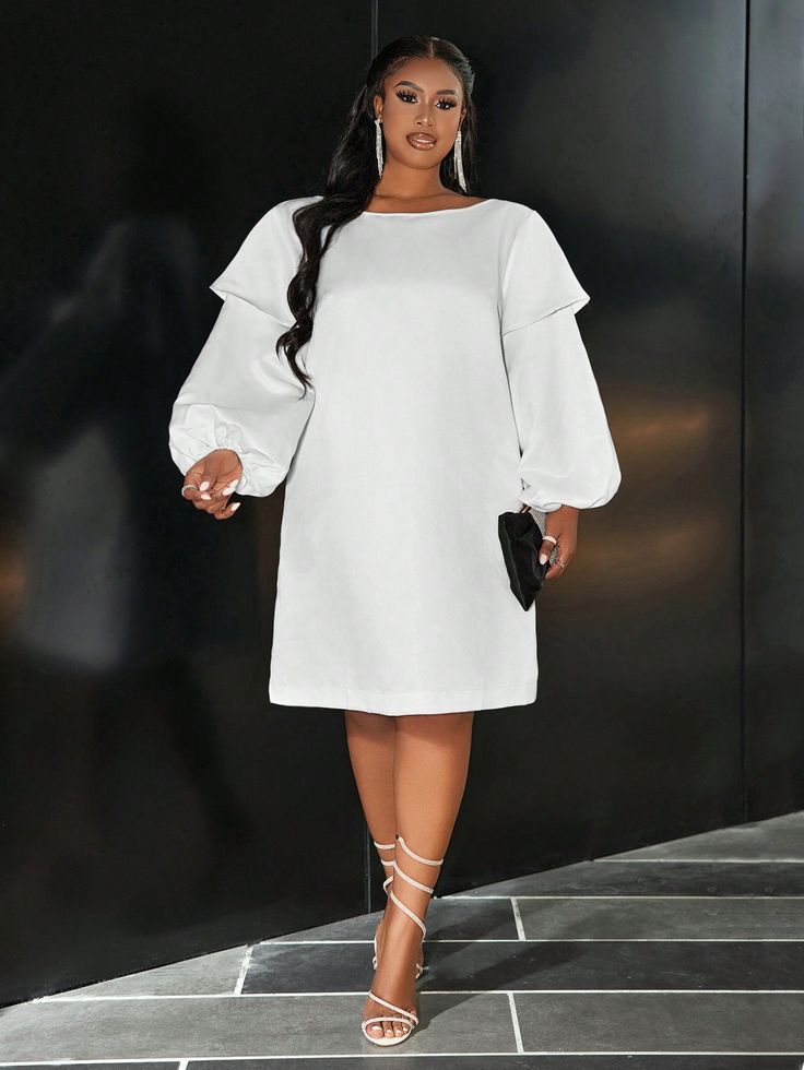 Elegant & Party & Gathering & Dating Loose Solid White Lantern Sleeve Satin Midi Dress For Plus Size Women, Spring Autumn White Elegant  Long Sleeve Satin Plain Tee Non-Stretch  Women Plus Clothing, size features are:Bust: ,Length: ,Sleeve Length: Dress For Plus Size Women, White Plus Size Dresses, All White Party Outfits, Dress For Plus Size, White Dress Styles, White Lantern, Long Sleeve Layer, White Lanterns, Flare Long Sleeve