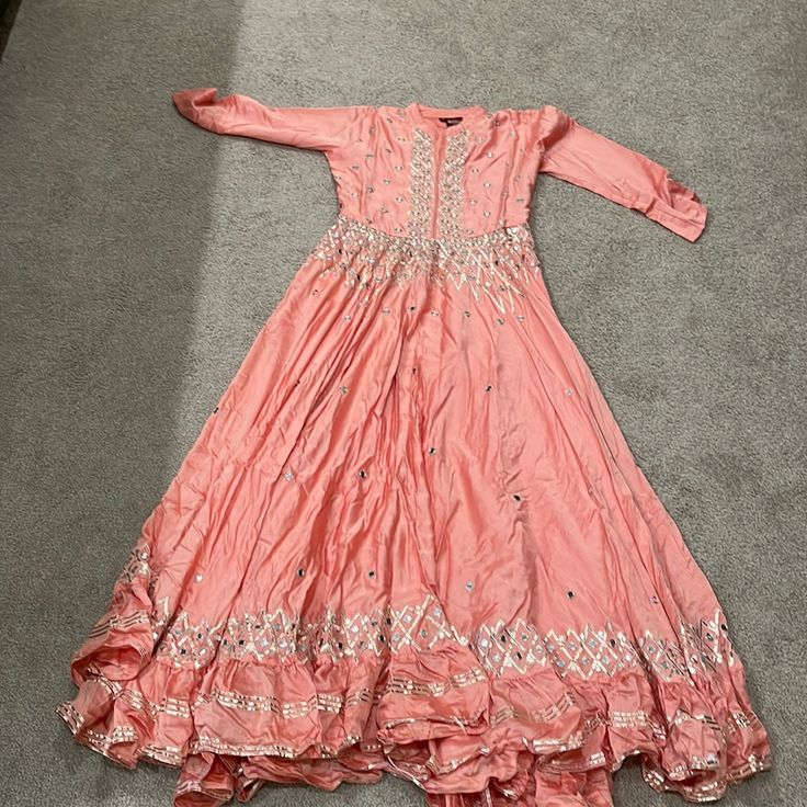 Long Sleeve Gown With Mirror Work It Not Pink Color But In Between Pink And Orange Sleeve Gown, Long Sleeve Gown, Indian Dress, Mirror Work, Work It, Indian Dresses, Pink Color, Pink And Orange, Pink Ladies