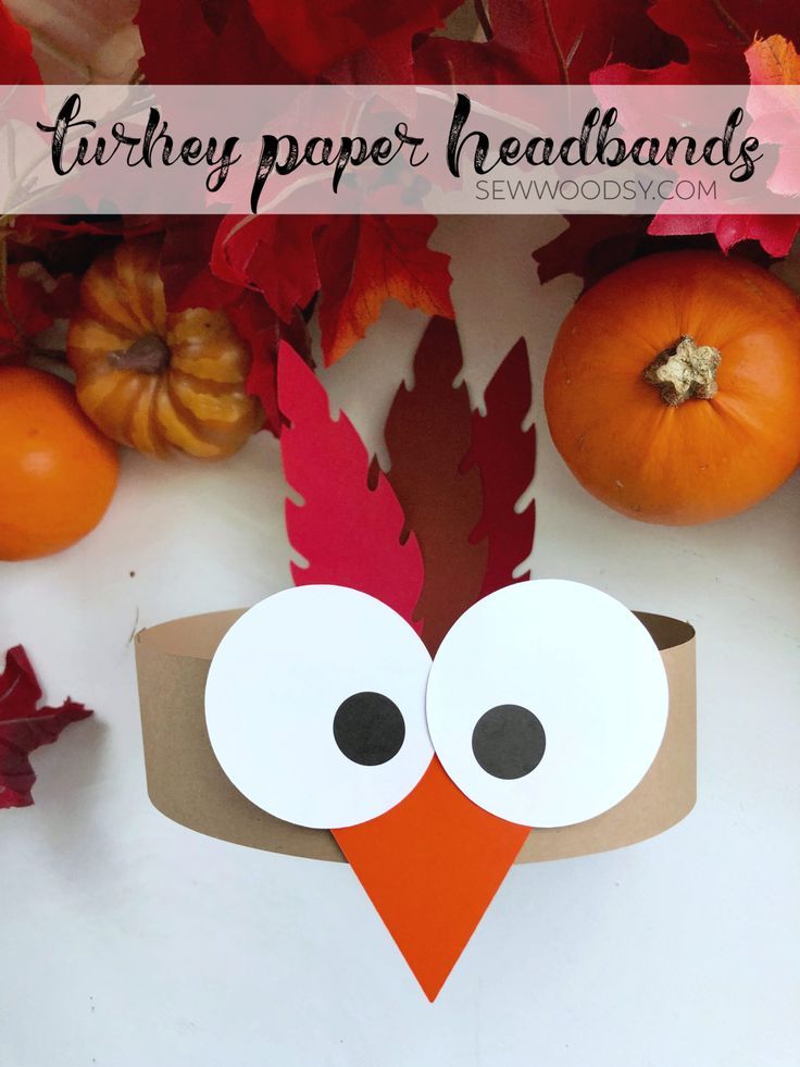 turkey paper headbands with fall leaves and pumpkins in the background, text overlay reads turkey paper headbands