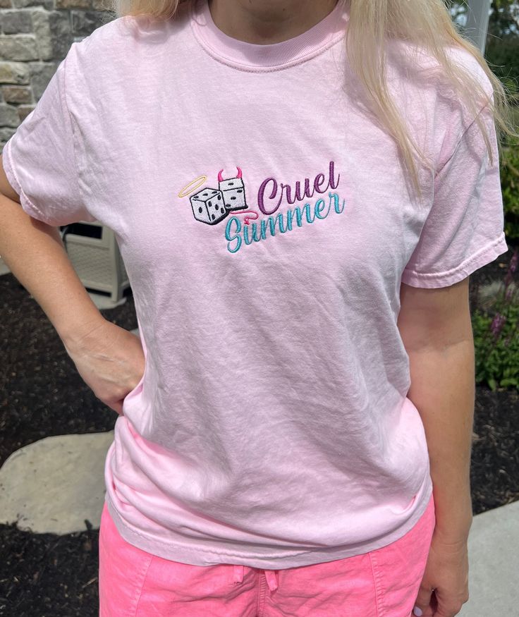 "This Cruel Summer T-Shirt is the perfect addition to any summer outfit! 🤍 Material: 6.1 oz., 100% ring spun USA cotton Preshrunk, soft-washed, garment-dyed fabric Made with sustainably and fairly grown USA cotton and sewn with USA cotton thread Feature: Twill taped shoulder-to-shoulder Set-in sleeves Double-needle stitched sleeves and bottom hem 1\" ribbed collar with double-needle topstitched neckline Comfort Colors uses 50% less water than traditional pigment dye processes on pigment dye and Cruel Summer, Dyed Fabric, Summer Tshirts, Daughter Love, Twill Tape, Cotton Thread, Summer Outfit, Comfort Colors, Summer Outfits