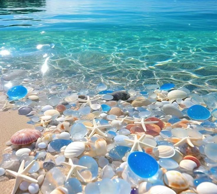 shells and starfish on the beach in clear water