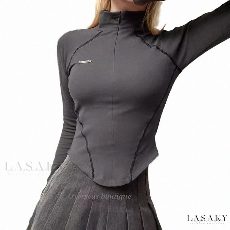 Lasaky - Stylish Color Block Slim Fit Long Sleeve Shirt with Zipper Stand Collar Design Trendy Black Half-zip Top, Stretch Solid Color Top With Zipper Closure, Solid Stretch Top With Zipper Closure, Trendy Long Sleeve Tops With Zipper Closure, Trendy Half-zip Top With Zipper Closure, Long Sleeve Top With Zipper Closure, Trendy Solid Tops With Zipper Closure, Trendy Solid Color Top With Zipper Closure, Fitted Half-zip Top