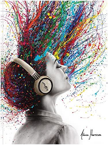 a woman's head with colorful hair and headphones