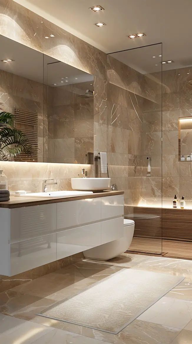 a modern bathroom with marble walls and flooring