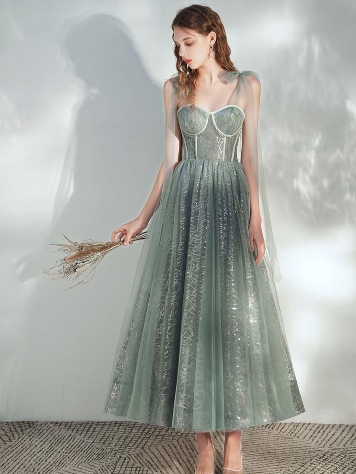 Sage Green Prom Dress, Long Homecoming Dress, Ankle Length Prom Dress, Tulle Prom Dress Long, Prom Dress Green, Tea Length Prom Dress, Tea Length Tulle, Tulle Prom Dresses, Green Evening Dress