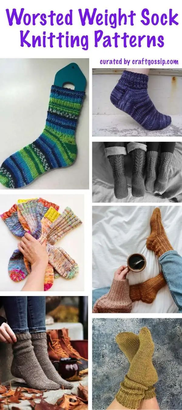 several different knitted socks are shown with the words worsted weight sock knitting patterns