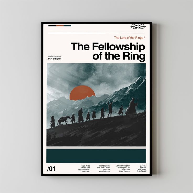 the fellowship of the ring movie poster on a white wall with grey and green background