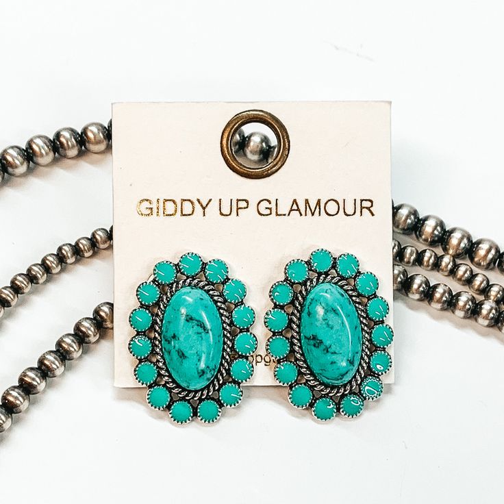 Turquoise Stone Concho Post Earrings | Trendy pieces for all shapes and sizes. Western Turquoise Nickel-free Earrings, Turquoise Nickel-free Western Earrings, Western Style Turquoise Nickel-free Earrings, Western Style Nickel-free Turquoise Earrings, Adjustable Turquoise Concho Earrings, Concho Earrings, Western Turquoise, Giddy Up Glamour, Earrings Trendy