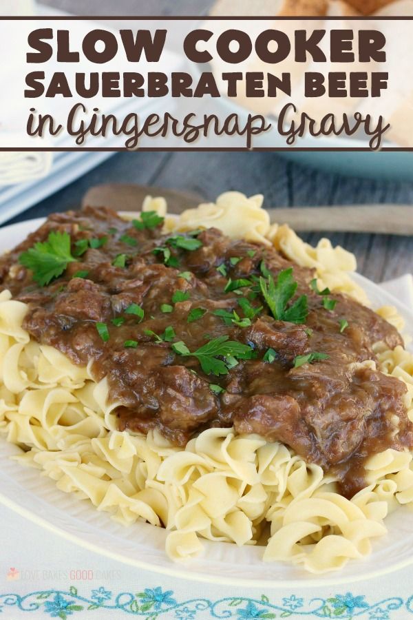 slow cooker sauerkratten beef in ginger snap gravy on a plate