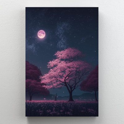 a painting on the wall of a night time scene with pink trees and a full moon