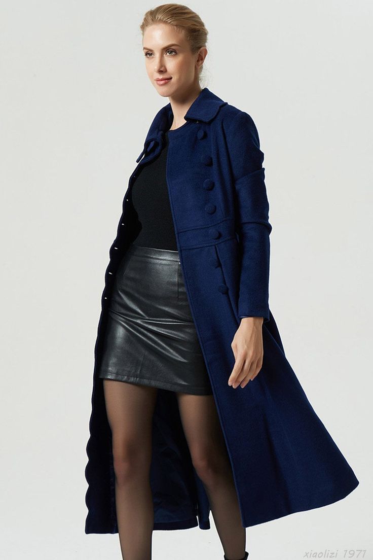 "The blue long coat is the ultimate in luxury women's outerwear and a real statement piece. The princess wool coat features pleating at the front adds structure whilst the cinched in waist and full skirt gives a feminine look. The navy stylish coat can be paired with your existing winter wardrobe easily and you'll find that this winter wool dress coat matches everything you own. DETAIL * 50% wool, 50% fiber, nylon, polyester * Polyester Lining * Lapel collar, Long sleeves * Fitted waist * Two si Elegant Blue Pea Coat With Button Closure, Elegant Blue Double-breasted Peacoat, Blue Pea Coat With Button Closure And Lapel Collar, Chic Blue Long Pea Coat, Blue Double-breasted Outerwear For Winter, Elegant Blue Pea Coat With Buttons, Fitted Long Peacoat, Blue Fitted Pea Coat With Lapel Collar, Chic Blue Pea Coat With Lapel Collar