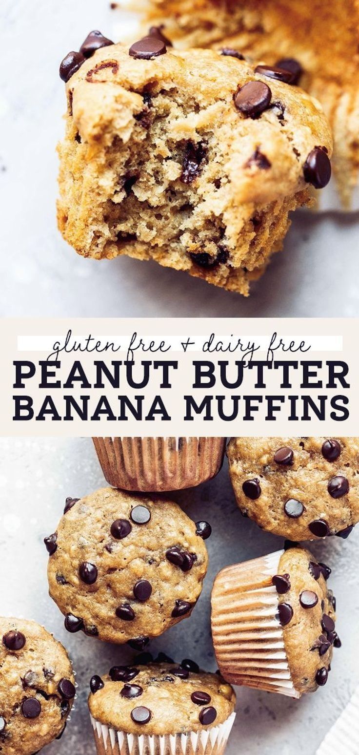 there is a muffin with chocolate chips on it and the words gluen free easy dairy free peanut butter banana muffins