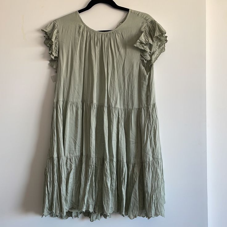 Brand New With Tags Size M Color: Silver Sage Green Flowy Rayon Mid-length Dress, Green Summer Shift Dress, Green Shift Dress For Summer, Rayon Midi Dress With Ruffles For Day Out, Green Mid-length Dress For Vacation, Casual Green Mid-length Mini Dress, Ruffle Hem Dress In Rayon, Casual Mid-length Green Mini Dress, Spring Flowy Dress With Ruffle Hem