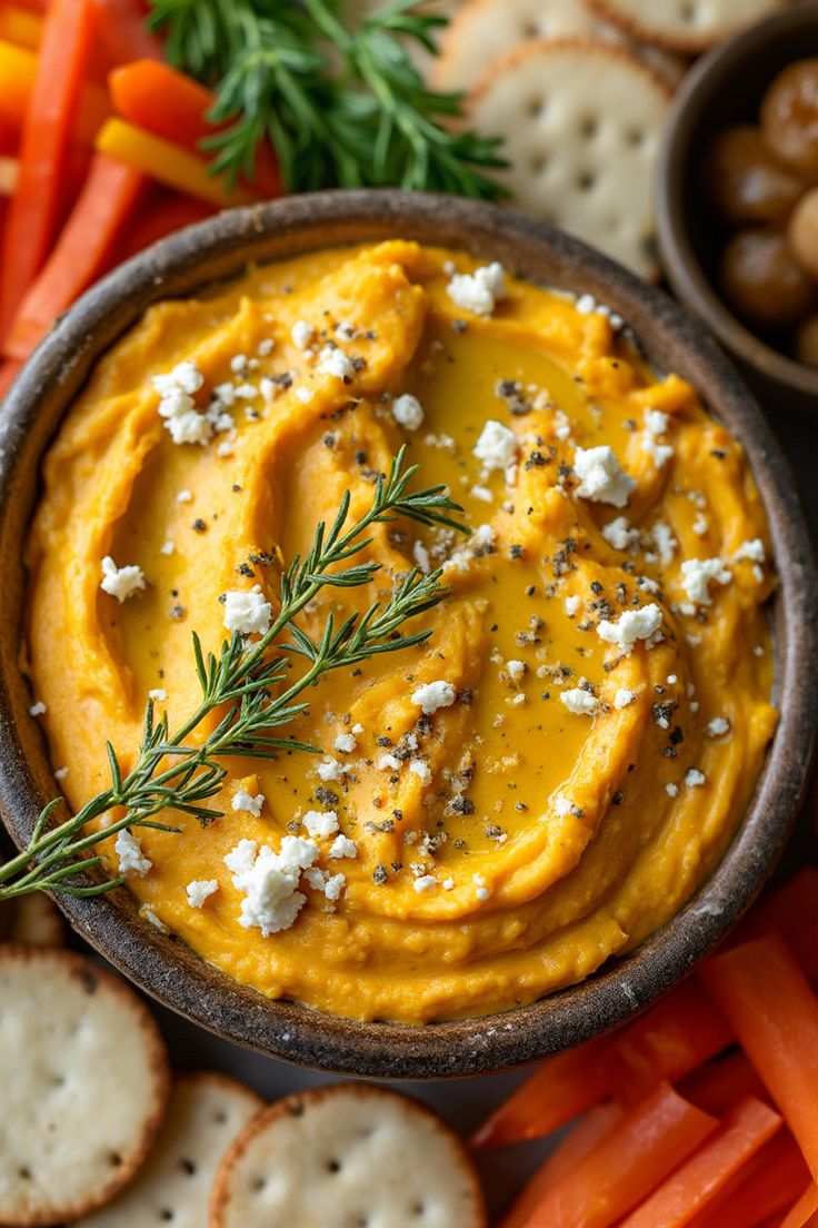 hummus and crackers on a platter with carrots