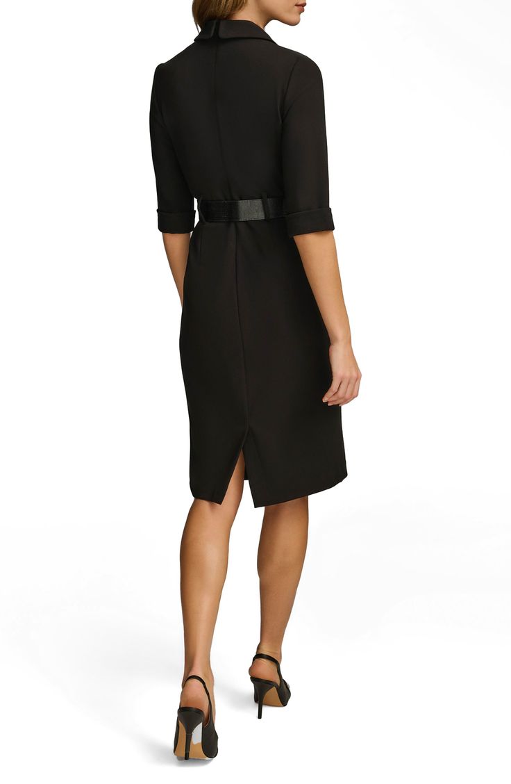 Smooth darts and a bold belt elevate this go-anywhere sheath dress topped by notched lapels. 40 1/2" length Back zip closure Notched lapels Short sleeves Removable belt Lined 63% polyester, 32% rayon, 5% spandex Dry clean Imported Black Fitted V-neck Belted Dress, Black Belted Midi Dress For Semi-formal Occasions, V-neck Belted Dress For Work, Fitted Evening Dress With Belt Detail, Black Belted Business Dress, Belted Midi Dress For Office Wear, Casual Belted Midi Dress For Office Wear, Fitted V-neck Belted Dress For Office, Belted Business Dresses For Office