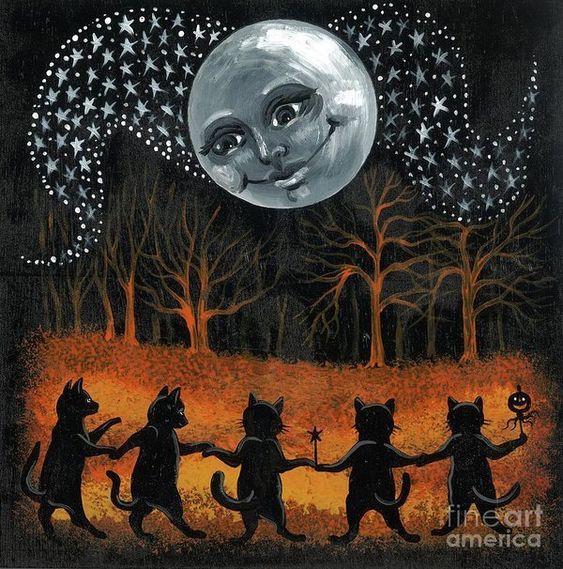 an image of three cats dancing in front of the moon