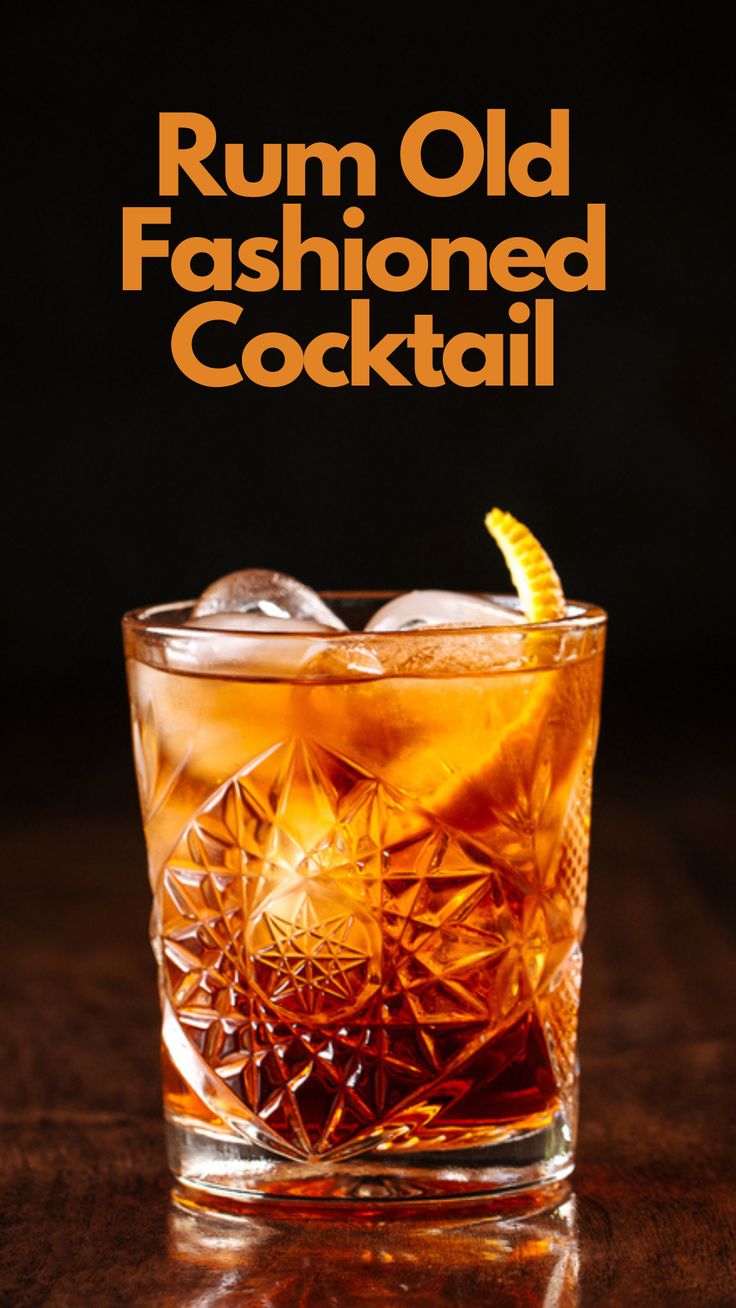 the rum old fashioned cocktail is served in a glass with ice and garnish