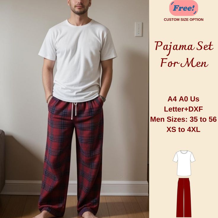 Men's Pajama Set Bundle Sewing Pattern, Men Pajama Pattern, Pajama Sewing Pattern, Men Pajama Pants and T-Shirt, Lounge Pants, 35-56, XS-4XL Standard Sizes ;35, 36,37, 38,39, 40,42,44,46, 50, 52, 56 These patterns are suitable for A0- A4, and US Letter size papers. As soon as your payment is processed, you will automatically receive download links for the pattern files. *PLEASE NOTE that you will only be able to download the files from a computer; they will not work on a phone or iPad.* This is Sewing Pattern Men, Pajama Sewing Pattern, Men Pyjamas, Pajama Pattern, Mens Pajama Pants, Mens Pajamas Set, Mens Pajamas, Pyjama Set, Lounge Pants