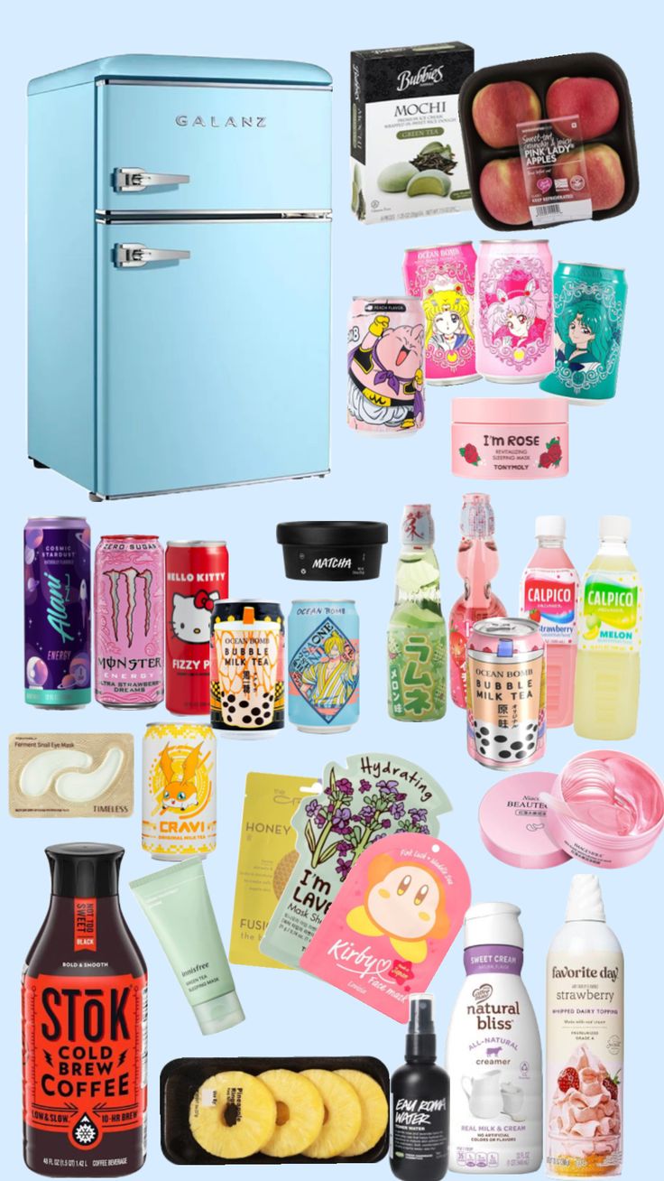 an assortment of products are displayed on a blue background