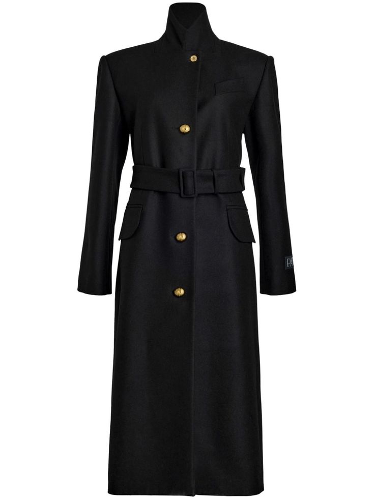 black wool high neck long sleeves front button fastening belted waist two side flap pockets straight hem Tailored Coat, City Dress, High Neck Long Sleeve, Coat Design, Coat Black, Summer Beach Wear, Black Wool, Black Coat, Coat Dress