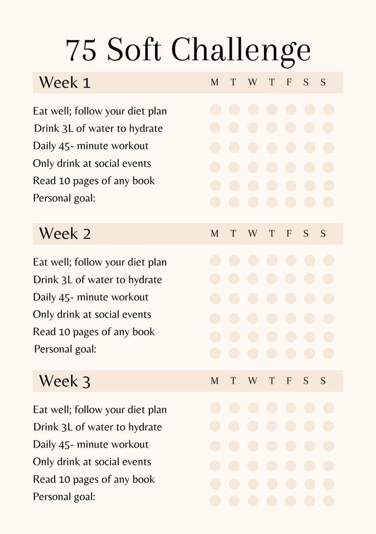 Printable 75 Soft Challenge for weight loss and health | Habit Tracker, Fitness, Workout planner 📔✨ | Gym Printable Planner 75 Hard Workout Ideas, Health Habit Tracker, 75 Soft Challenge, Soft Challenge, Printable Habit Tracker, 75 Soft, Tracker Fitness, Tracker Free, Workout Planner