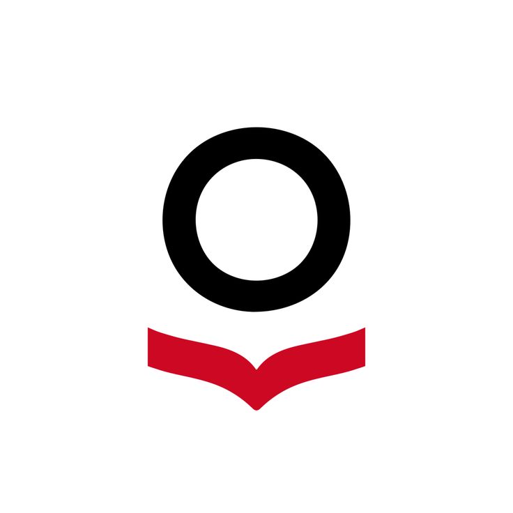 an open book with the letter o on it's front and bottom pages in black and red