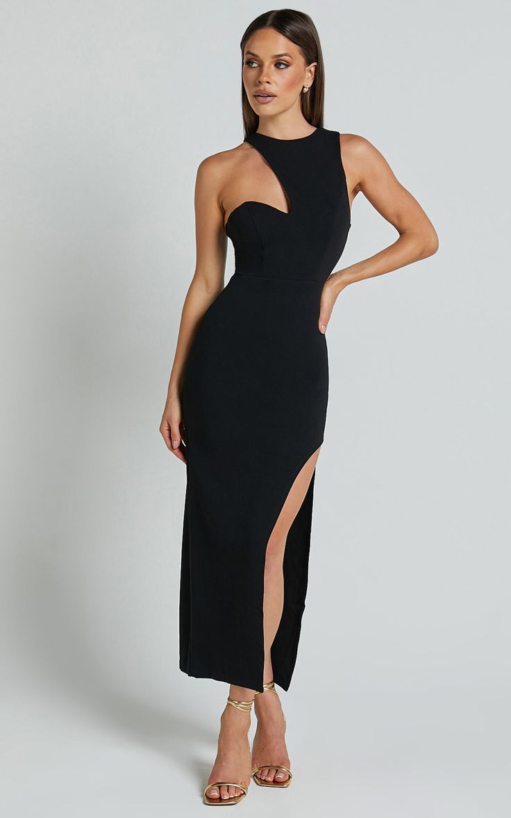 Alexis Midi Dress - Cut Out Detail High Split Dress in Black | Showpo USA Floor-length Split Design Dress For Night Out, Chic Maxi Dress For Night Out At Gala, Dressy Maxi Dress For Gala Night Out, Dressy Gala Maxi Dress For Night Out, Sleek Maxi Dress For Night Out, Black Sleeveless Evening Dress With Side Slits, Sleeveless Black Evening Dress With Side Slits, Asymmetrical Neckline Party Dress With Flattering Silhouette, Party Dress With Asymmetrical Neckline And Flattering Silhouette