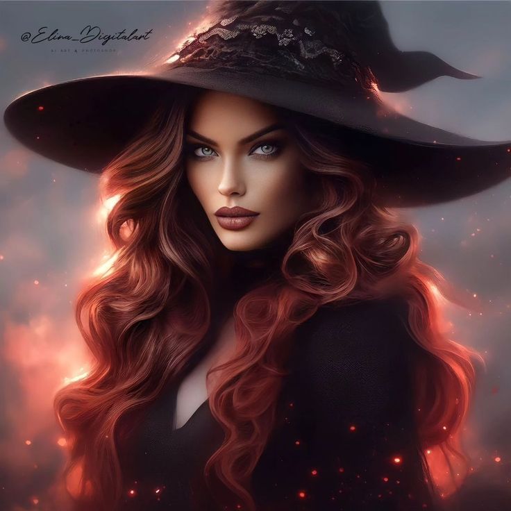 a woman with long red hair wearing a black witches hat and dark dress, looking into the distance