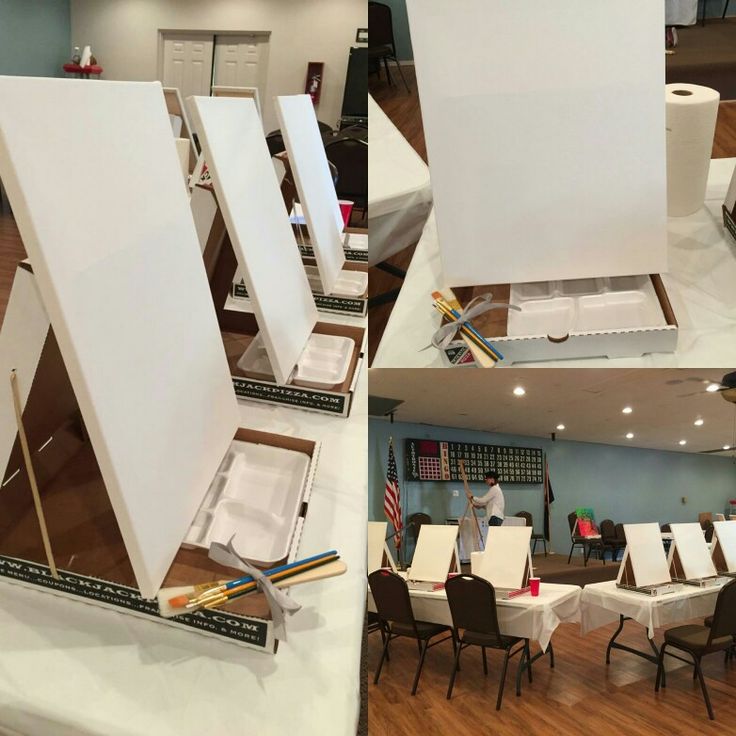 there are pictures of different tables and chairs in the room with easels on them