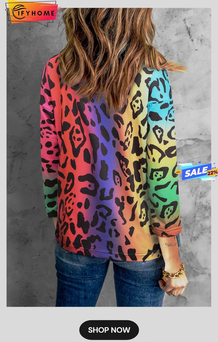 Colorful Leopard Gradient Loose Blouse Multicolor Random Print Summer Tops, Multicolor Tops With All Over Print For Spring, Spring Multicolor Tops With All Over Print, Casual Multicolor Tops With Random Print, Trendy Multicolor Tops With Rainbow Print, Multicolor Printed Casual Top, Multicolor Rainbow Print Tops For Spring, Casual Multicolor Printed Blouse, Casual Multicolor Rainbow Print Tops