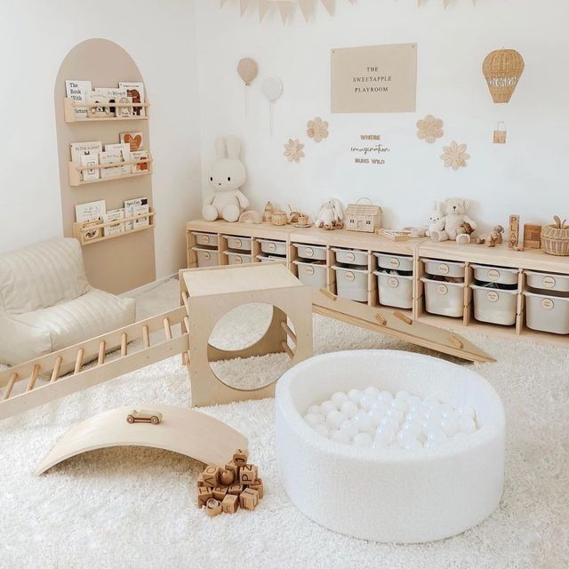 a room filled with lots of furniture and toys on the floor in front of a white wall