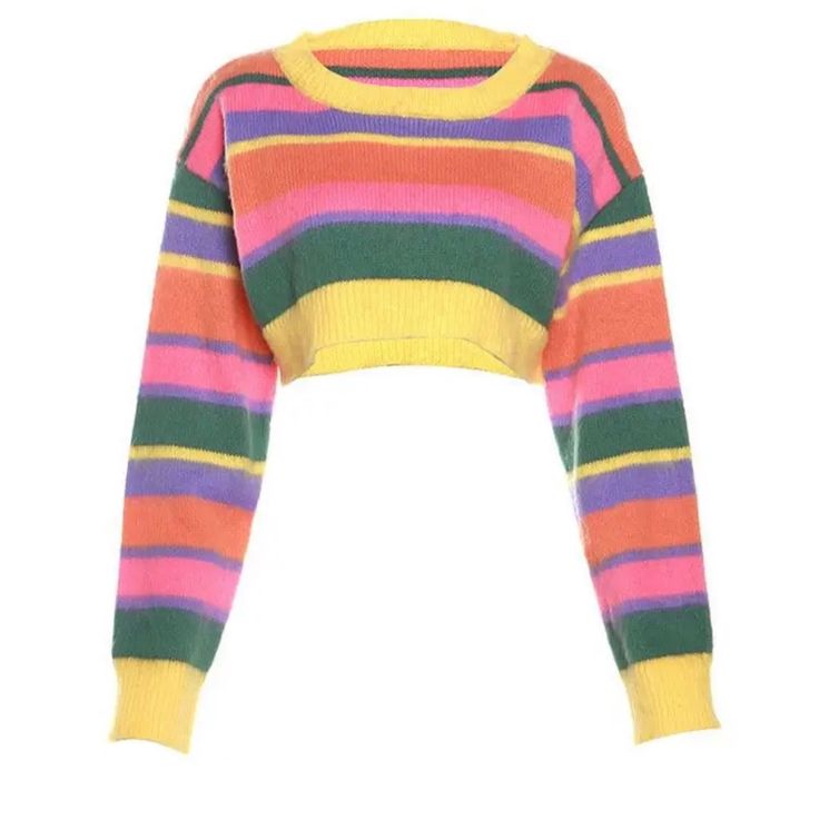 Colorful Knit Sweater Knit Fabric Pullover Very Stretchy Polyester Trendy Multicolor Cropped Sweater For Winter, Trendy Multicolor Cropped Sweater With Crew Neck, Trendy Multicolor Crew Neck Cropped Sweater, Trendy Multicolor Cropped Sweater For Fall, Multicolor Long Sleeve Cropped Sweater, Multicolor Long Sleeve Casual Cropped Sweater, Casual Multicolor Cropped Sweater With Crew Neck, Casual Multicolor Crew Neck Cropped Sweater, Multicolor Cropped Knit Sweater